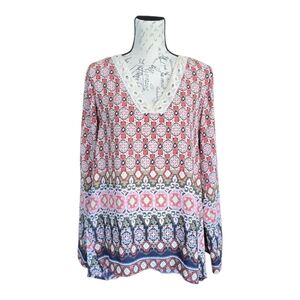 Halo Red Cream Multicolor Geometric Print Long Sleeve Boho Blouse M